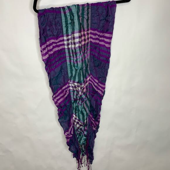 Purple Green Plaid Scarf Fringe Ruched - Picture 2 of 2